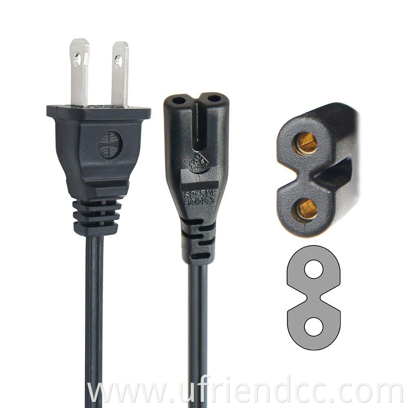 OEM Factory High Quality 220V 18AWG 8 Shape 2 Prong Male with 2 Slot Female US Cord electrical AC Power Extension Cable